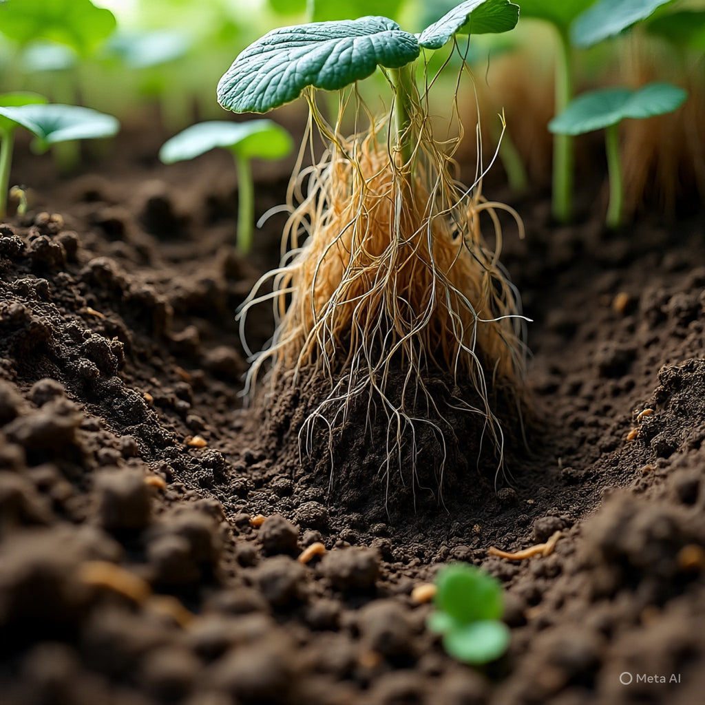 Young plant growing in Worm casting produced  a massive root system. This plant soil was amended with Red Wiggler Worm Castings. The casting were filled with active nutrients that produced a health, huge starter plant.  Organic, 100% lab tested. Buy now and grow a garden like you never have before.