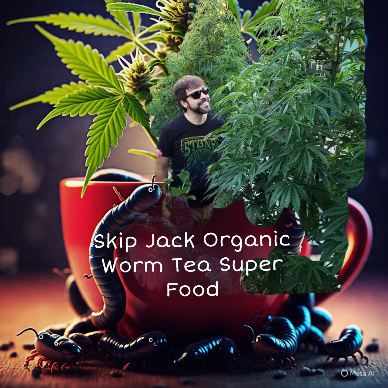 A man playfully standing in oversized cup filled with Red Wiggler  Tea, surrounded by mature, healthy cannabis plants benefiting from the nutrient-rich  liquid fertilizer